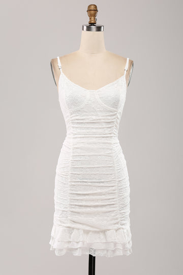 Cute Spaghetti Straps Bodycon Pleated Lace Short White Graduation Dress
